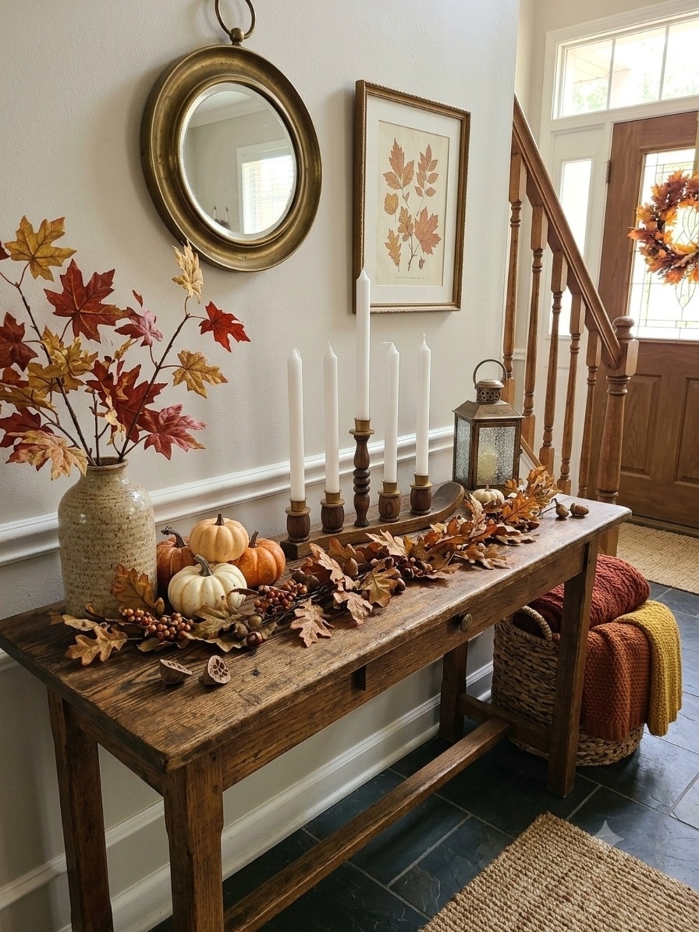MCM Scandinavian-style Rustic Wood & Gold Metal 5-Taper Candelabra Centerpiece